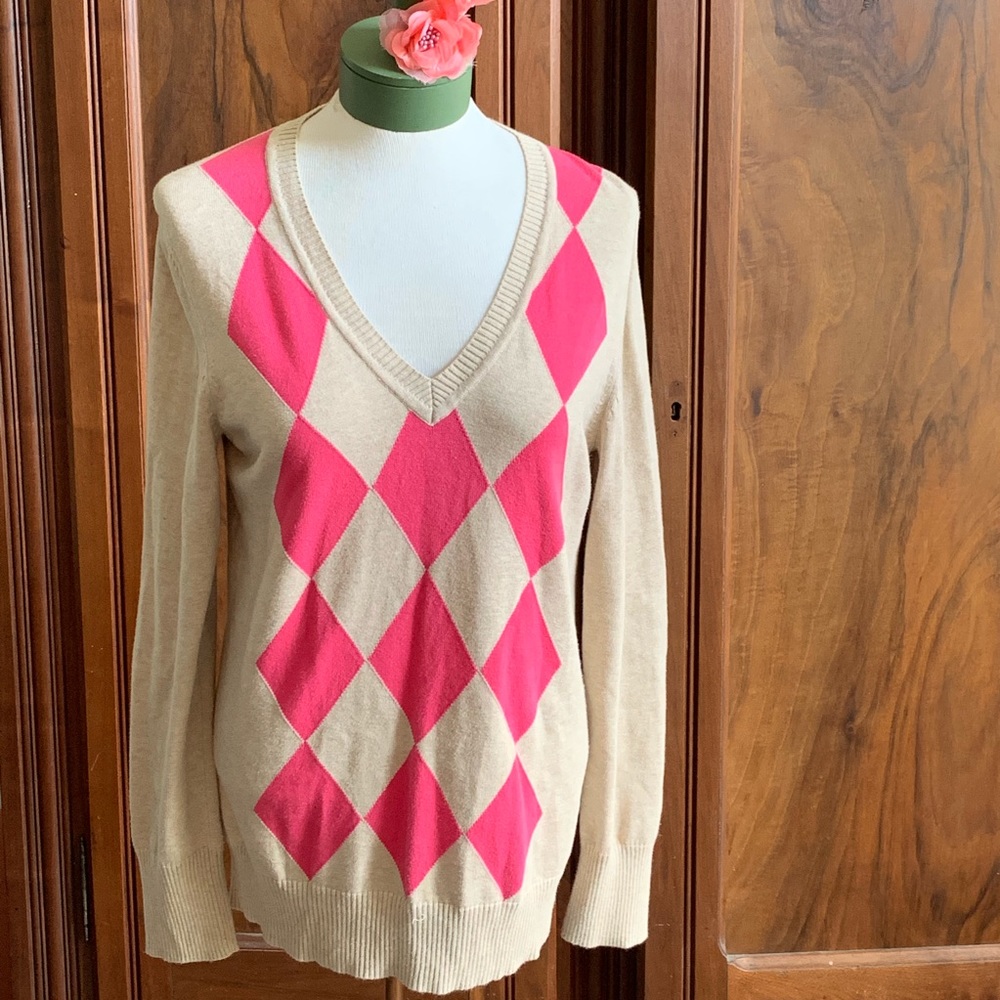 Old Navy Oatmeal and Pink Harlequin Sweater